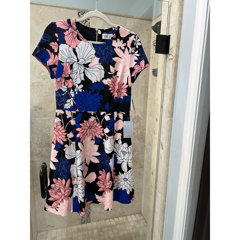 Eliza J Floral Navy Peach Pink Peonies Fit & Flare Dress EJ8M9844 Size 6 NWT